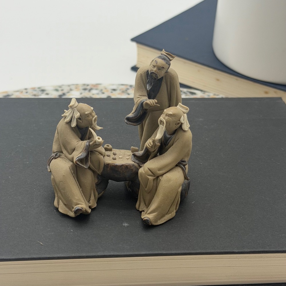 Vintage Mud Man Figurine Three Wise Men Playing Go Game Board Clay Statue